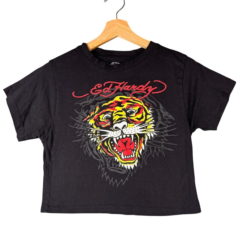 Ed Hardy Women Black Tiger Graphic Cropped T-Shirt EHW1104-210 XL Short sleeve